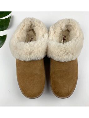 My Slippers Brown Leather Suede Faux Fur Lined Slip On Hard Sole Women's 6